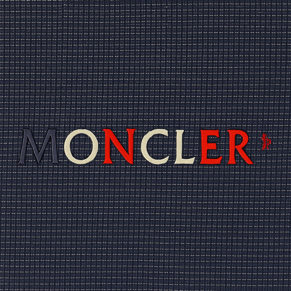 Navy Moncler t-shirt with red, white, and blue embroidered logo on chest
