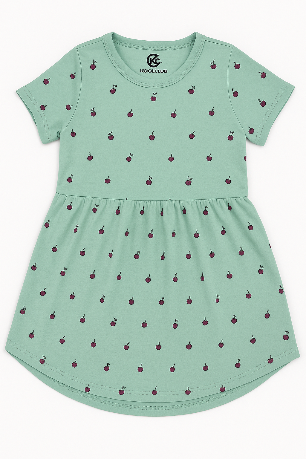Mint green frock for girls with all-over cherry pattern and gathered waist