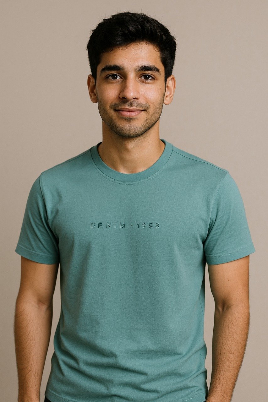 Man wearing a teal green T-shirt with minimalist “DENIM • 1998” text across the chest