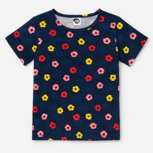Navy blue girls t-shirt with red, yellow, and pink floral prints