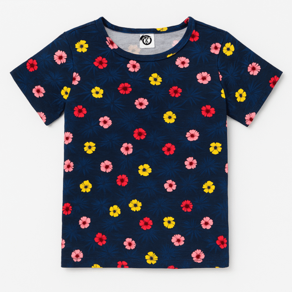 Navy blue girls t-shirt with red, yellow, and pink floral prints