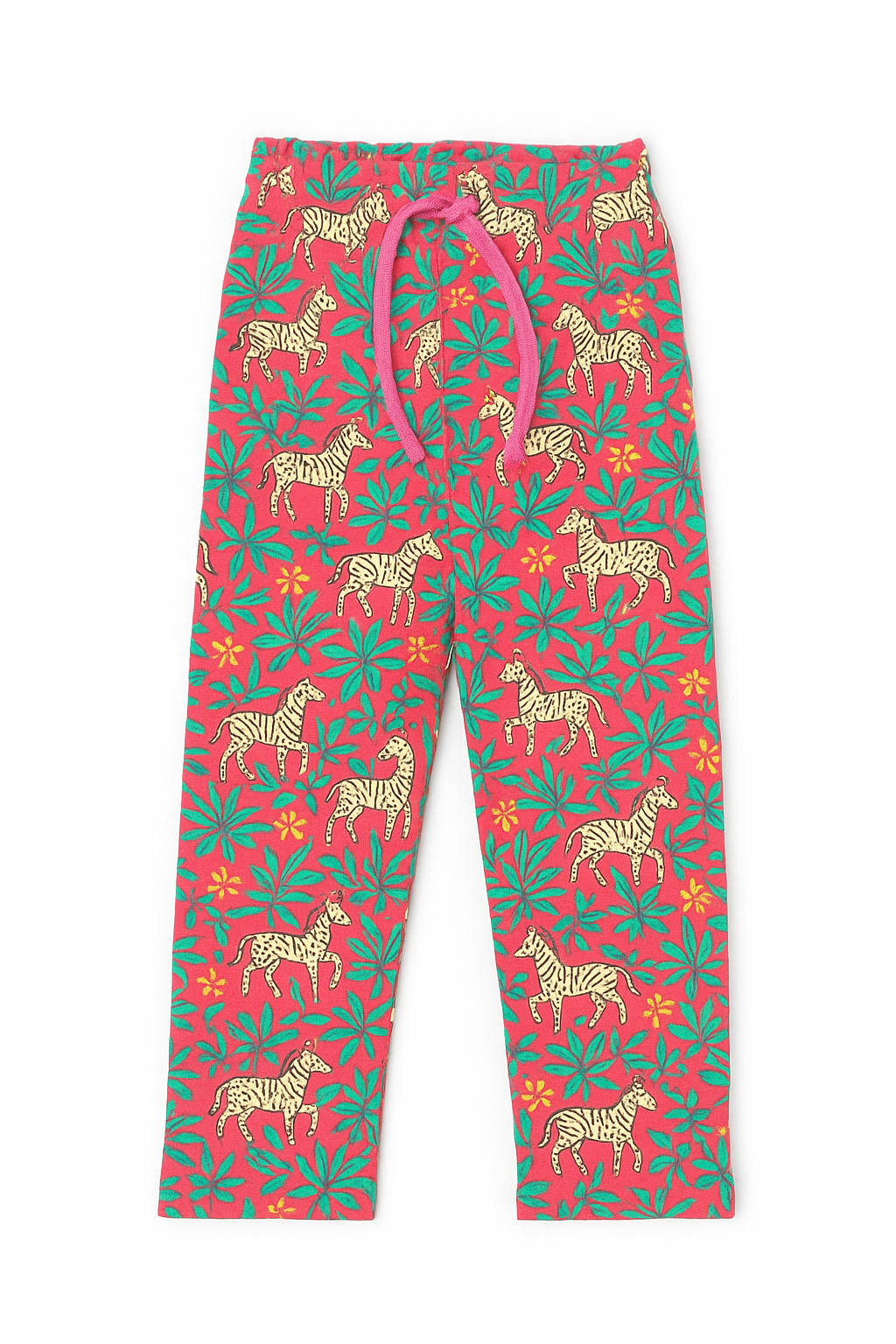 Colorful kids trouser with zebra and leaf print on red base