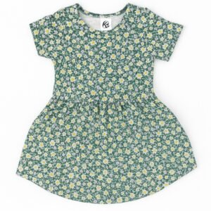 Green short-sleeve daisy floral cotton frock for girls