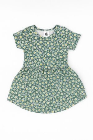 Green short-sleeve daisy floral cotton frock for girls