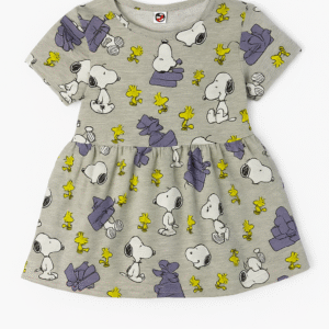 Grey frock for girls with all-over Snoopy and Woodstock cartoon prints