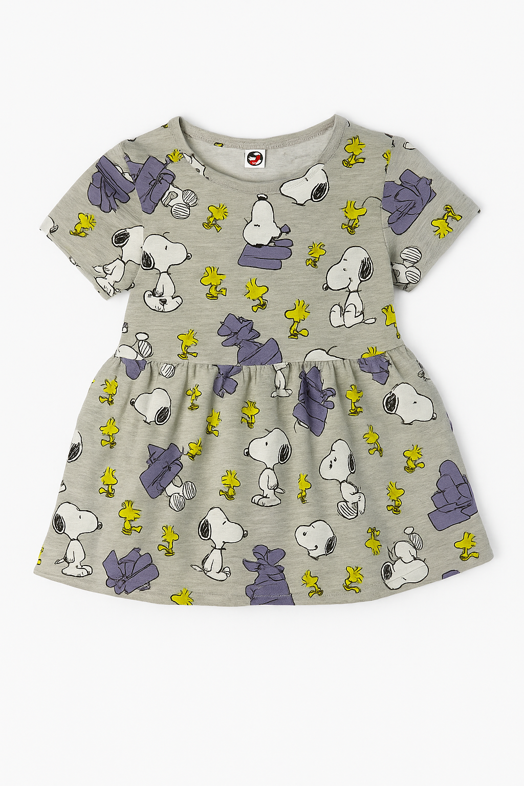 Grey frock for girls with all-over Snoopy and Woodstock cartoon prints