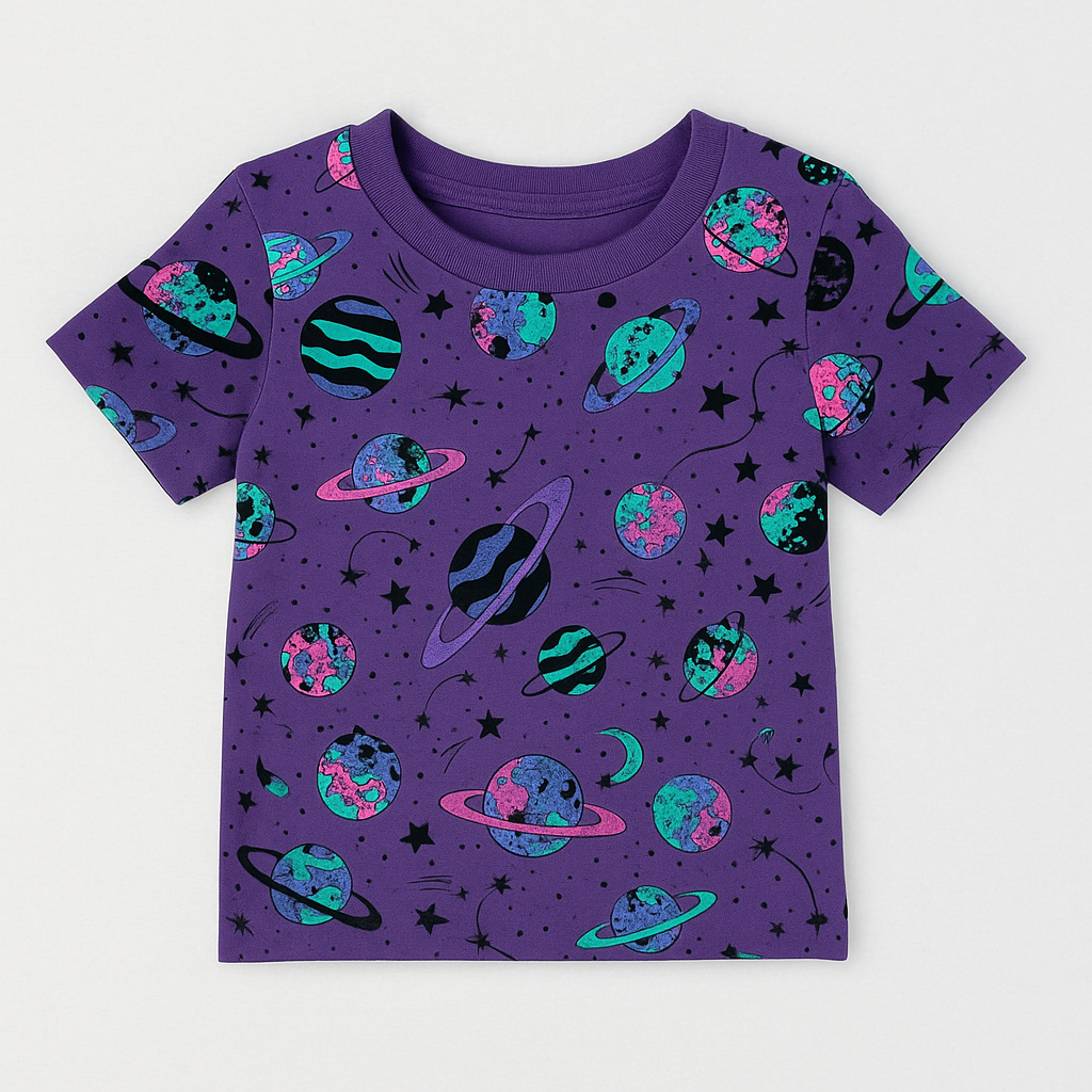 Purple kids t-shirt with colorful galaxy and planets print
