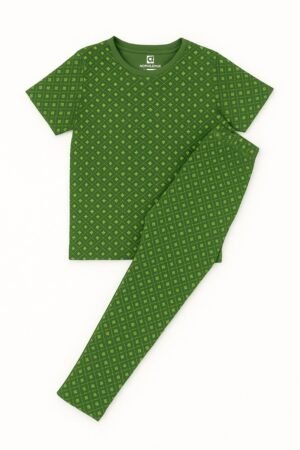 Green short-sleeve kids' night suit with diamond pattern - t-shirt and leggings set