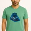 Man wearing green t-shirt with vintage car and building graphic print – export quality