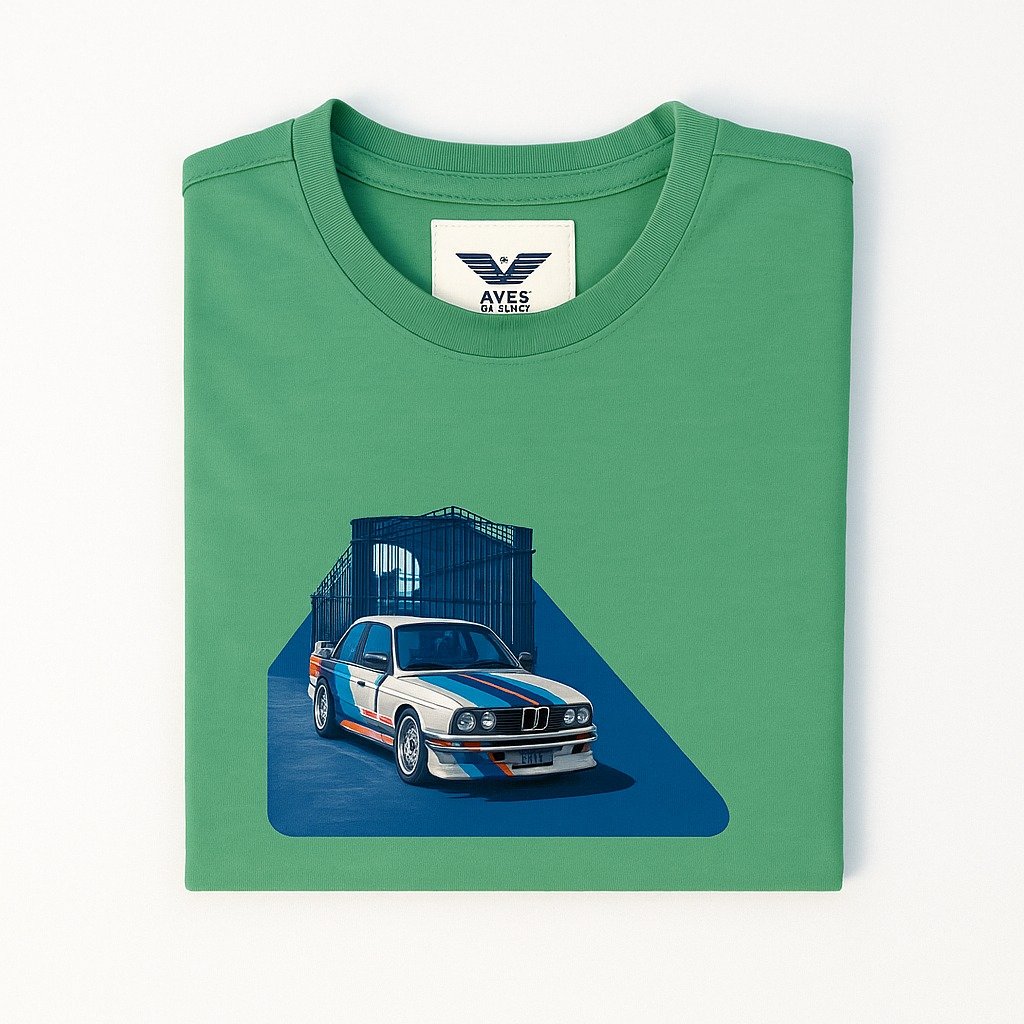 Man wearing green t-shirt with vintage car and building graphic print – export quality