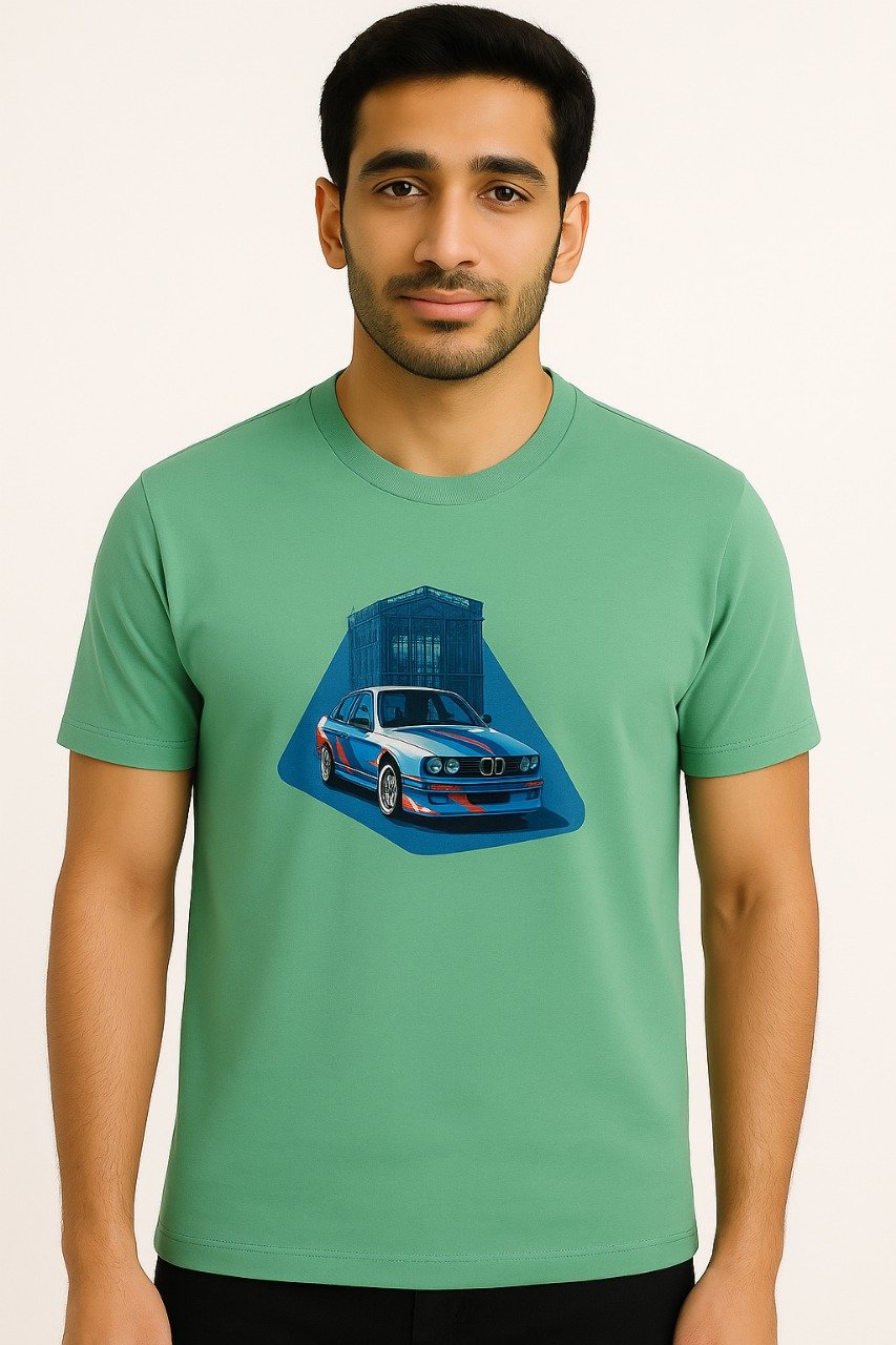 Man wearing green t-shirt with vintage car and building graphic print – export quality