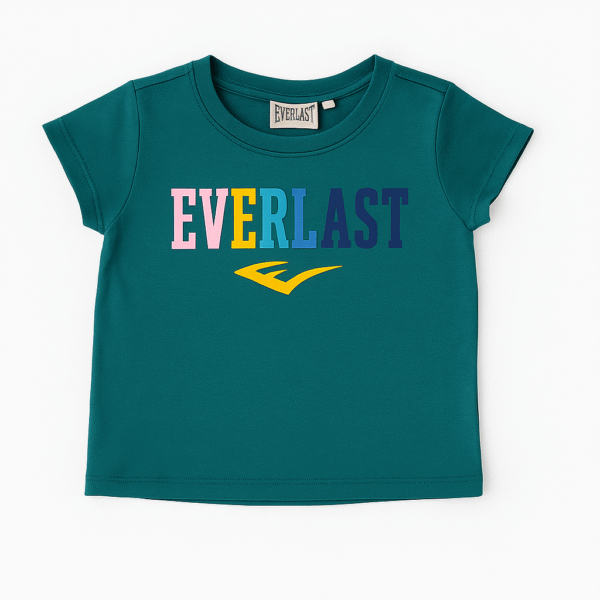 Teal Everlast kids T-shirt with multicolored text and round neck design