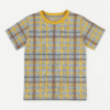 Grey plaid t-shirt with yellow, brown, and maroon grid pattern and yellow collar