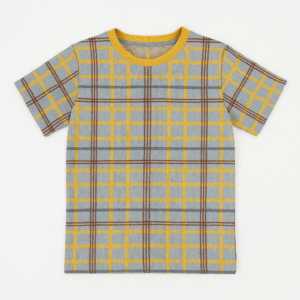 Grey plaid t-shirt with yellow, brown, and maroon grid pattern and yellow collar