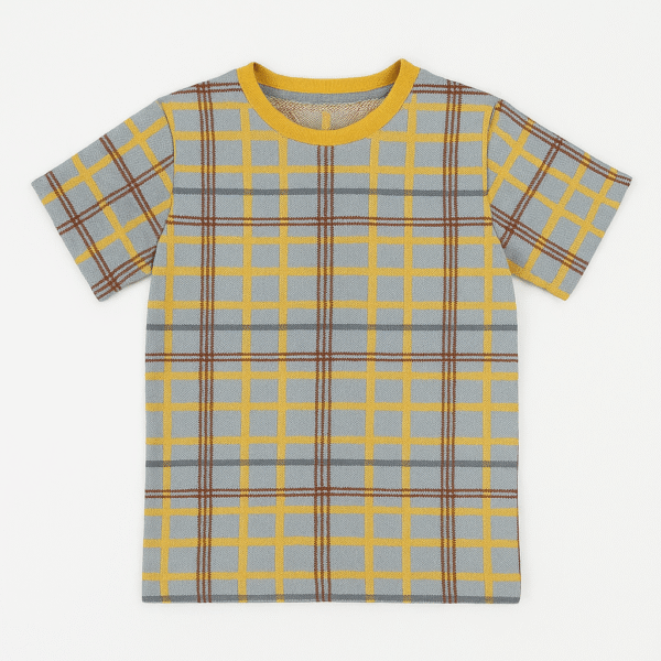 Grey plaid t-shirt with yellow, brown, and maroon grid pattern and yellow collar