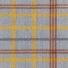 Grey plaid t-shirt with yellow, brown, and maroon grid pattern and yellow collar