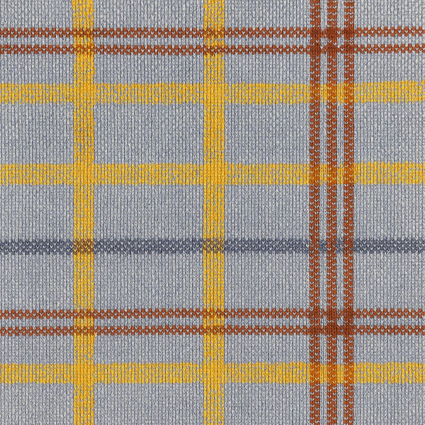 Grey plaid t-shirt with yellow, brown, and maroon grid pattern and yellow collar