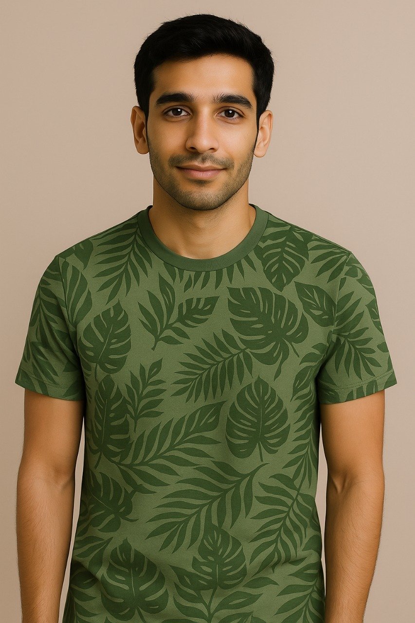Man wearing an olive green T-shirt with all-over tropical leaf print