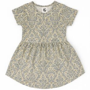 Short-sleeve olive floral print cotton frock for girls