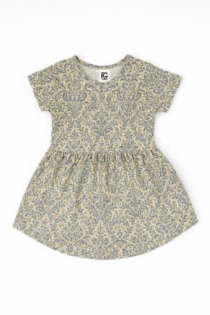 Short-sleeve olive floral print cotton frock for girls
