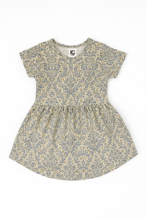Short-sleeve olive floral print cotton frock for girls
