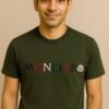 Close-up of Moncler logo embroidered on olive green textured t-shirt fabric