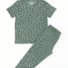 Kids pajama set in sage green with all-over dark leopard print, featuring short-sleeve tee and full pants