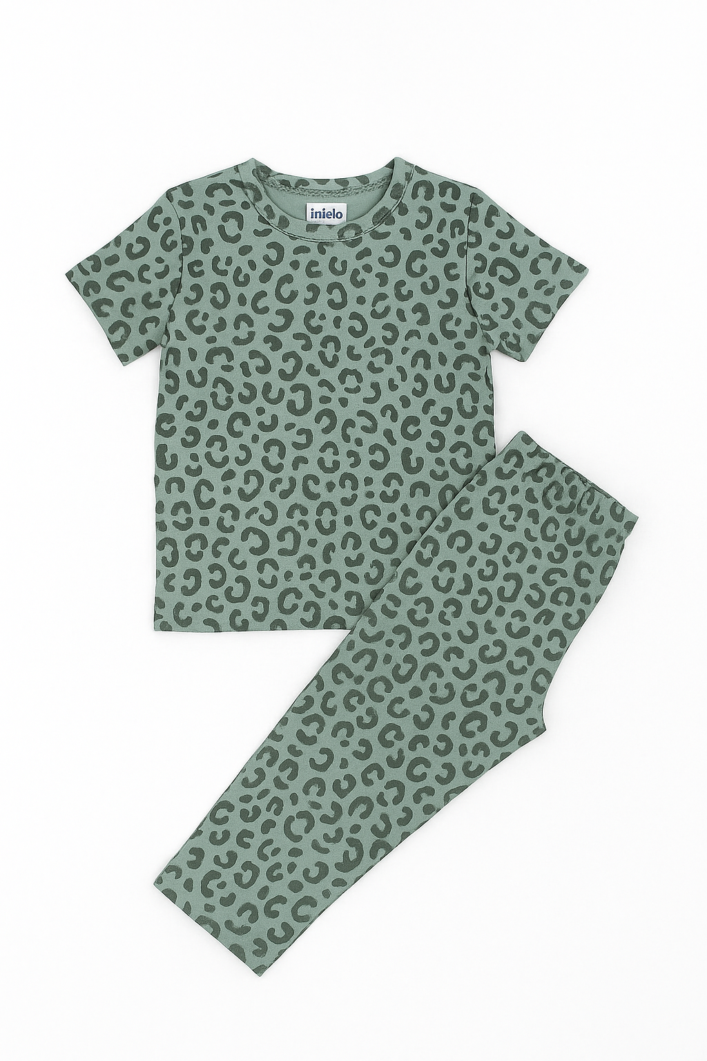 Kids pajama set in sage green with all-over dark leopard print, featuring short-sleeve tee and full pants
