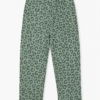 Kids pajama set in sage green with all-over dark leopard print, featuring short-sleeve tee and full pants