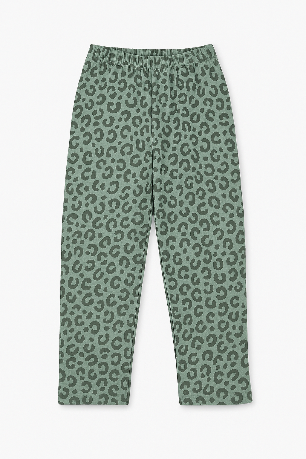 Kids pajama set in sage green with all-over dark leopard print, featuring short-sleeve tee and full pants