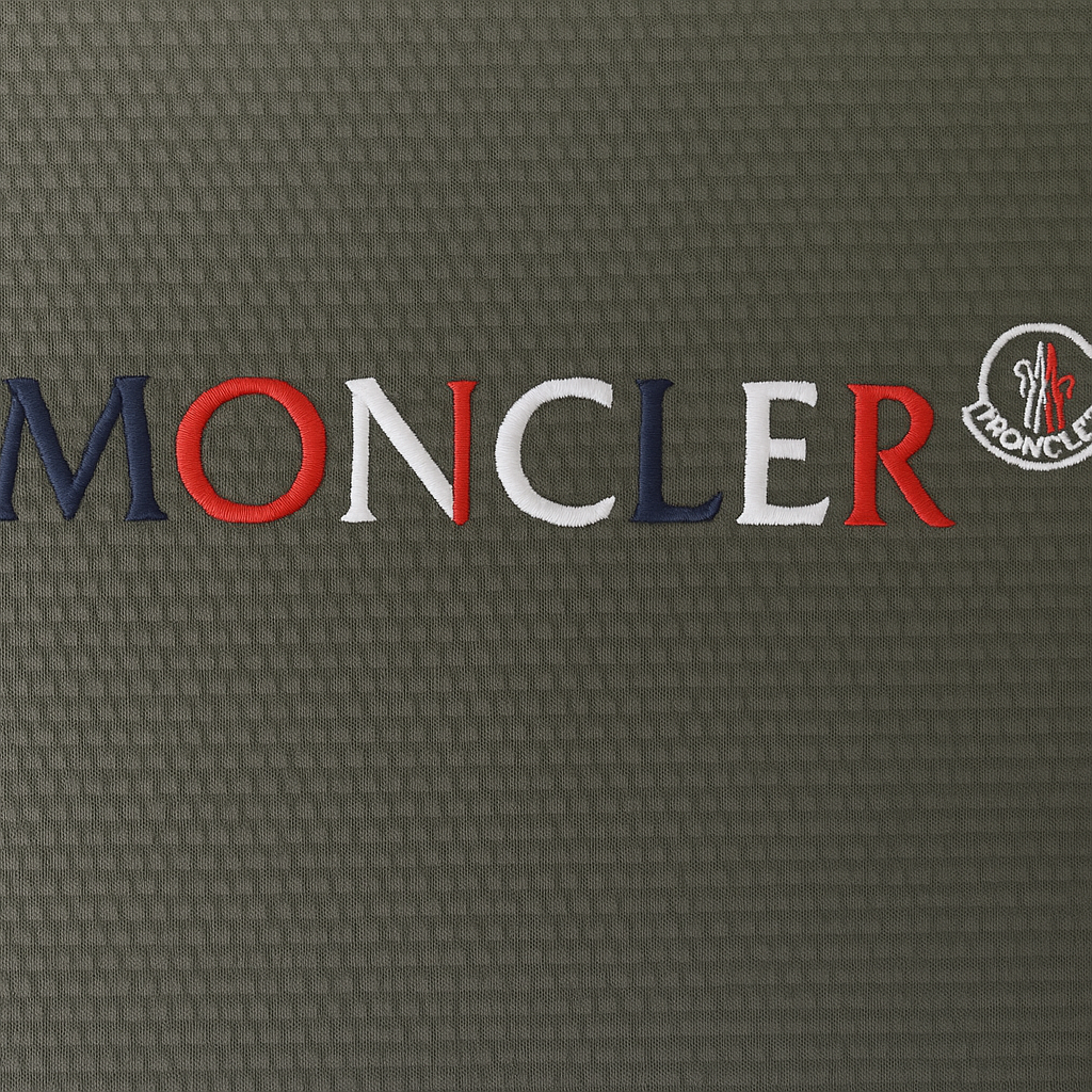 Close-up of Moncler logo embroidered on olive green textured t-shirt fabric