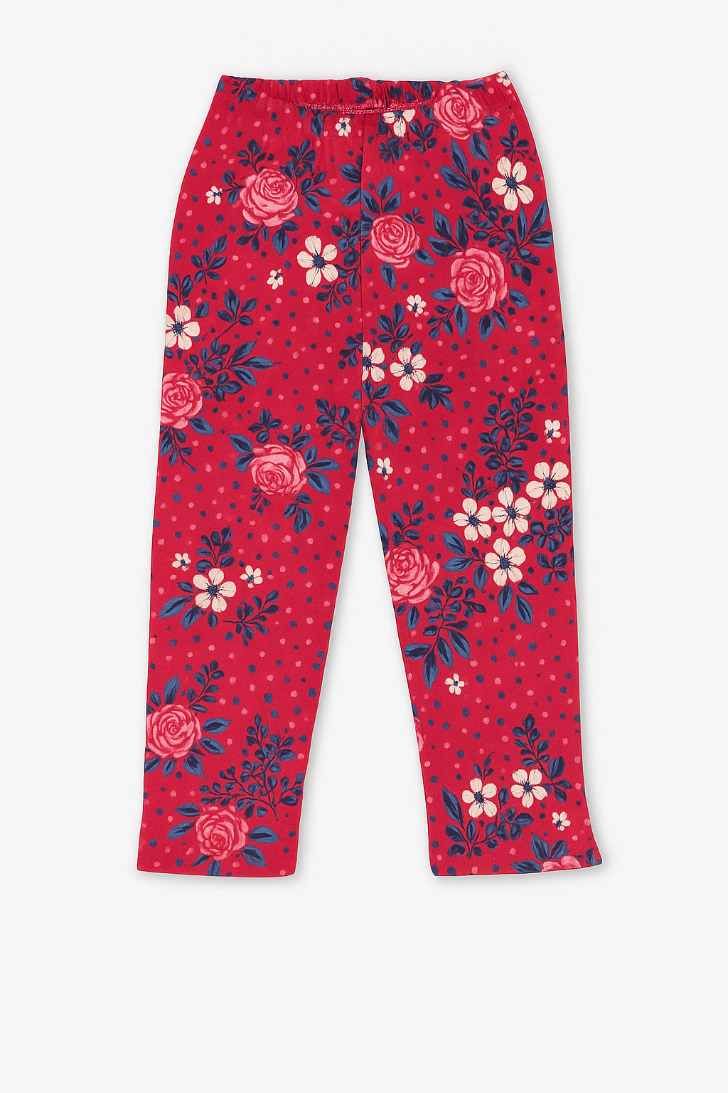 Red floral pajama set for girls with roses and leaves print