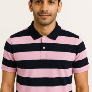 Folded black and pink horizontal striped polo shirt with black collar and button placket