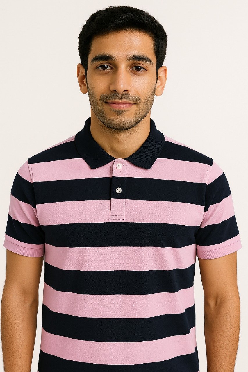 Folded black and pink horizontal striped polo shirt with black collar and button placket