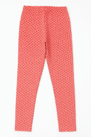 Coral pink kids’ leggings with small red floral print, elastic waistband – age 5 to 6 years
