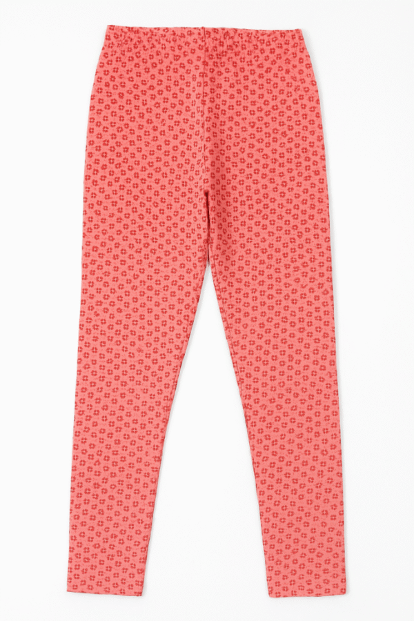 Coral pink kids’ leggings with small red floral print, elastic waistband – age 5 to 6 years