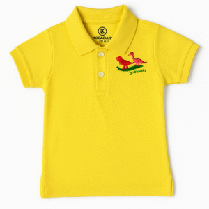 Folded yellow kids polo shirt with dinosaur embroidery and KidsClub branding