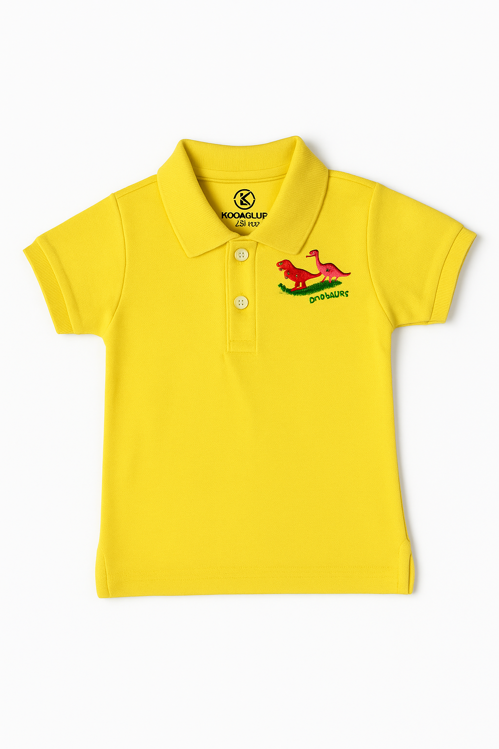 Folded yellow kids polo shirt with dinosaur embroidery and KidsClub branding