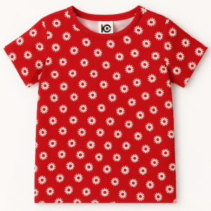 Red kids T-shirt with all-over white daisy print for children aged 4–5 years