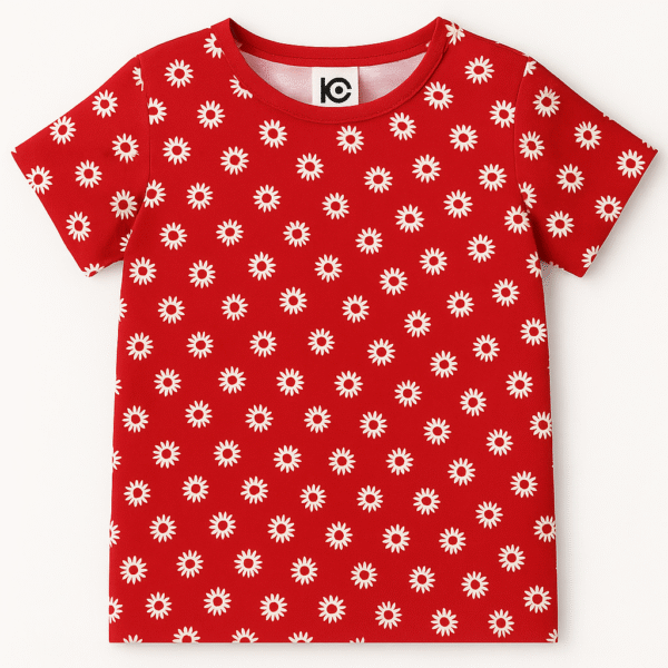 Red kids T-shirt with all-over white daisy print for children aged 4–5 years