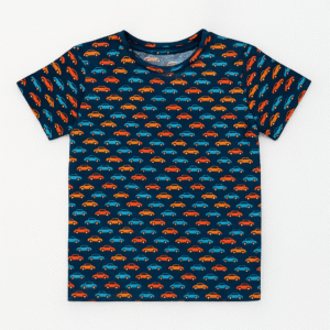Kids navy blue T-shirt with all-over orange, yellow, and blue car pattern