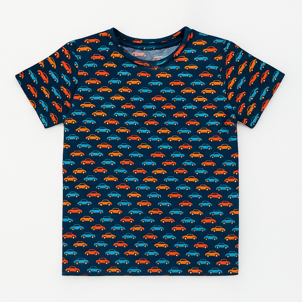 Kids navy blue T-shirt with all-over orange, yellow, and blue car pattern