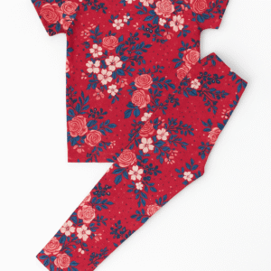 Red floral pajama set for girls with roses and leaves print