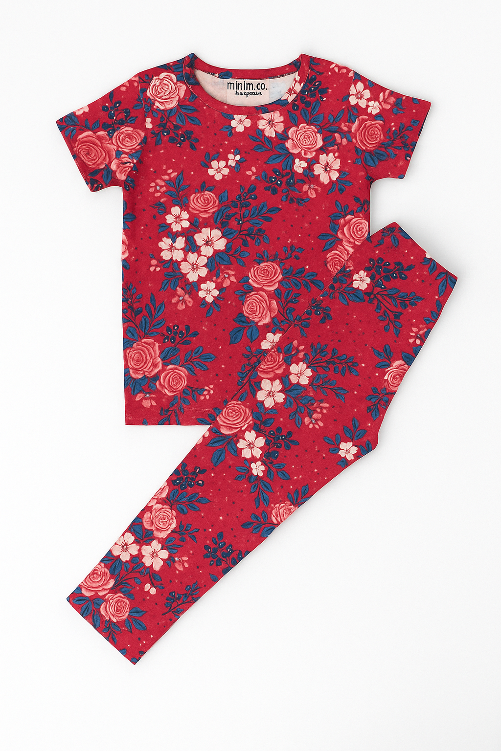Red floral pajama set for girls with roses and leaves print