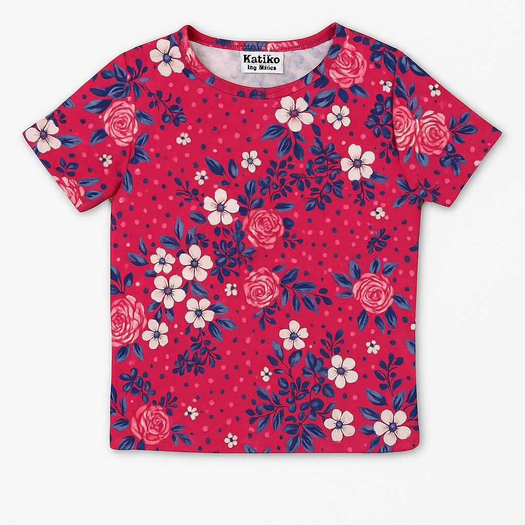 Red floral pajama set for girls with roses and leaves print