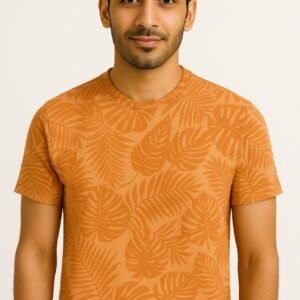 Man wearing an orange tropical leaf print round neck t-shirt