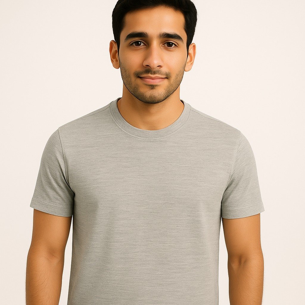 Man wearing a plain light grey melange crewneck T-shirt with short sleeves