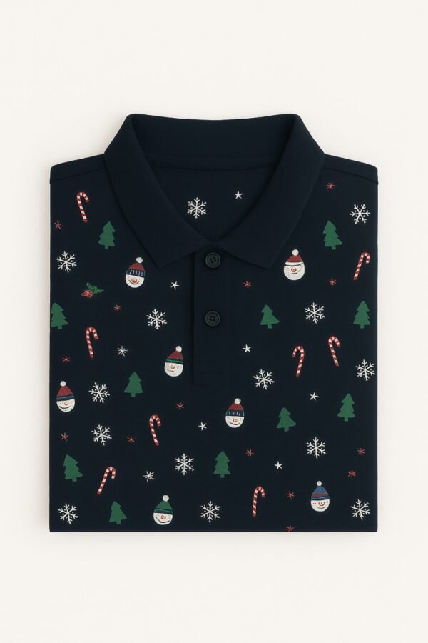 Man wearing navy blue polo shirt with Christmas-themed snowman, candy cane, snowflake, and tree patterns