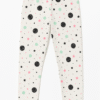 White kids' leggings with space-themed print, including black planets, pink stars, and green circles, for ages 5 to 6 years.