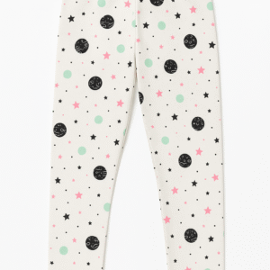 White kids' leggings with space-themed print, including black planets, pink stars, and green circles, for ages 5 to 6 years.